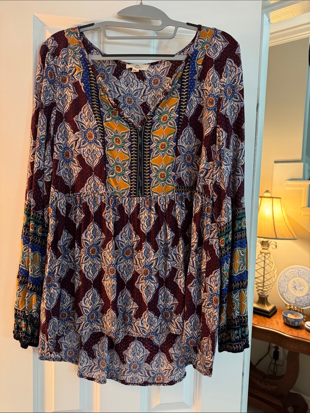 Entro Boho Floral Peasant Top in Burgundy and Mustard
